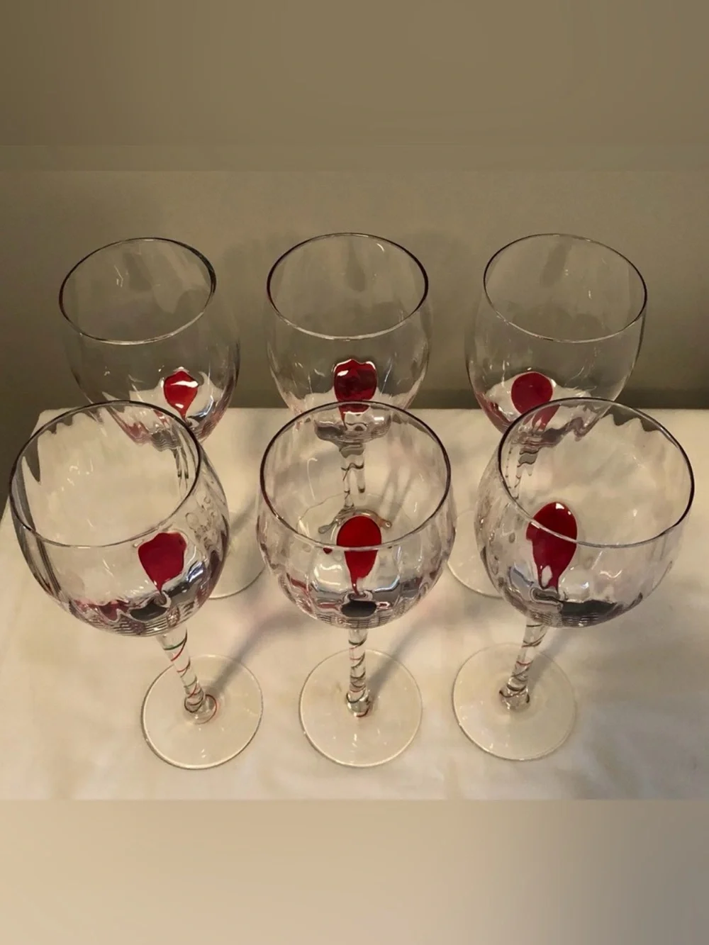 Pier 1 Hand Blown Optic Ribbon Wine Glasses 6, Green&Red Glass Drops&Spiral Stem
